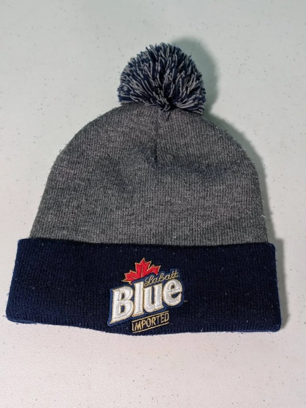 Labatt Blue Imported Beer Pom Pom Beanie Stocking Cap Blue & Gray